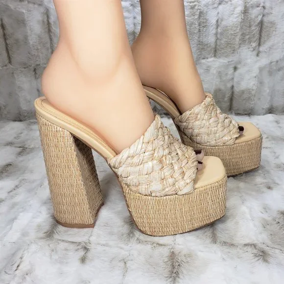 ☆ Cape Robbin Yara Nude Braided Strap High Block Heel Slip On Heeled Sandals - Picture 3 of 15